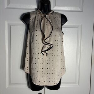 Ann Taylor Sleeveless Shirt Women 0 Tan Polka Dot Ruffle Dainty Whimsical Blouse
